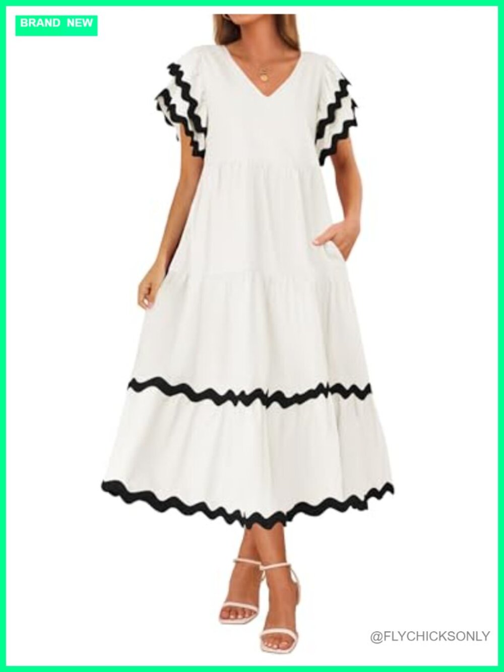 Women's Flutter Short Sleeve Midi Dress V Neck Ruffle Tiered Casual